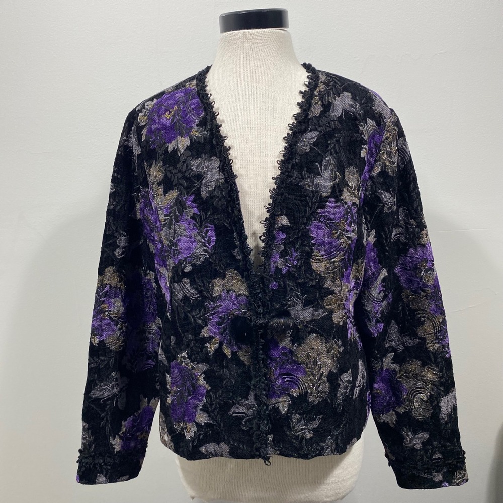 Cynthia Max Womens XL Purple‎ Floral Tapestry Jacket Faux Fur Pom Frog Closure